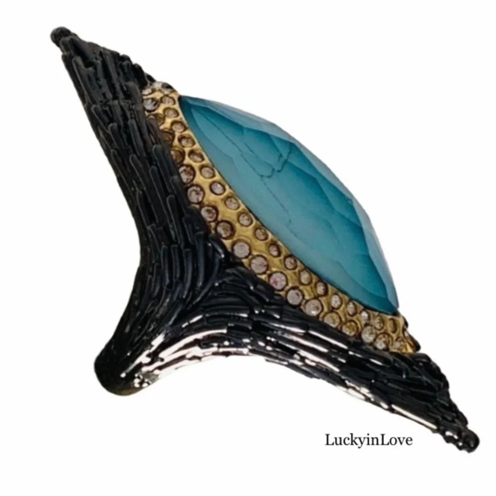 ALEXIS BITTAR Black Gunmetal Gold Doublet Turquoise Stone Maldivian Feather Ring